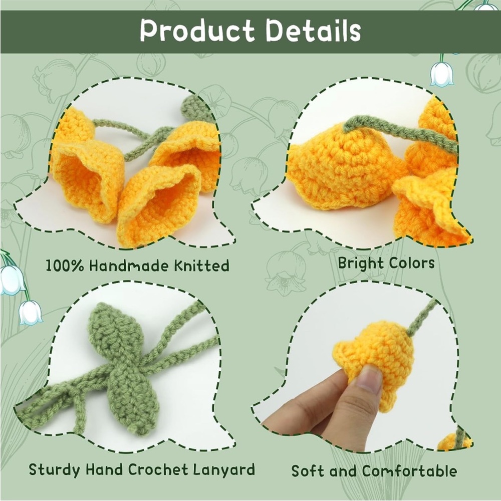 Handmade Dainty Yellow Woven Bell Flower Plant Knit Car Mirror Hanging Accessory - Picture 5 of 10